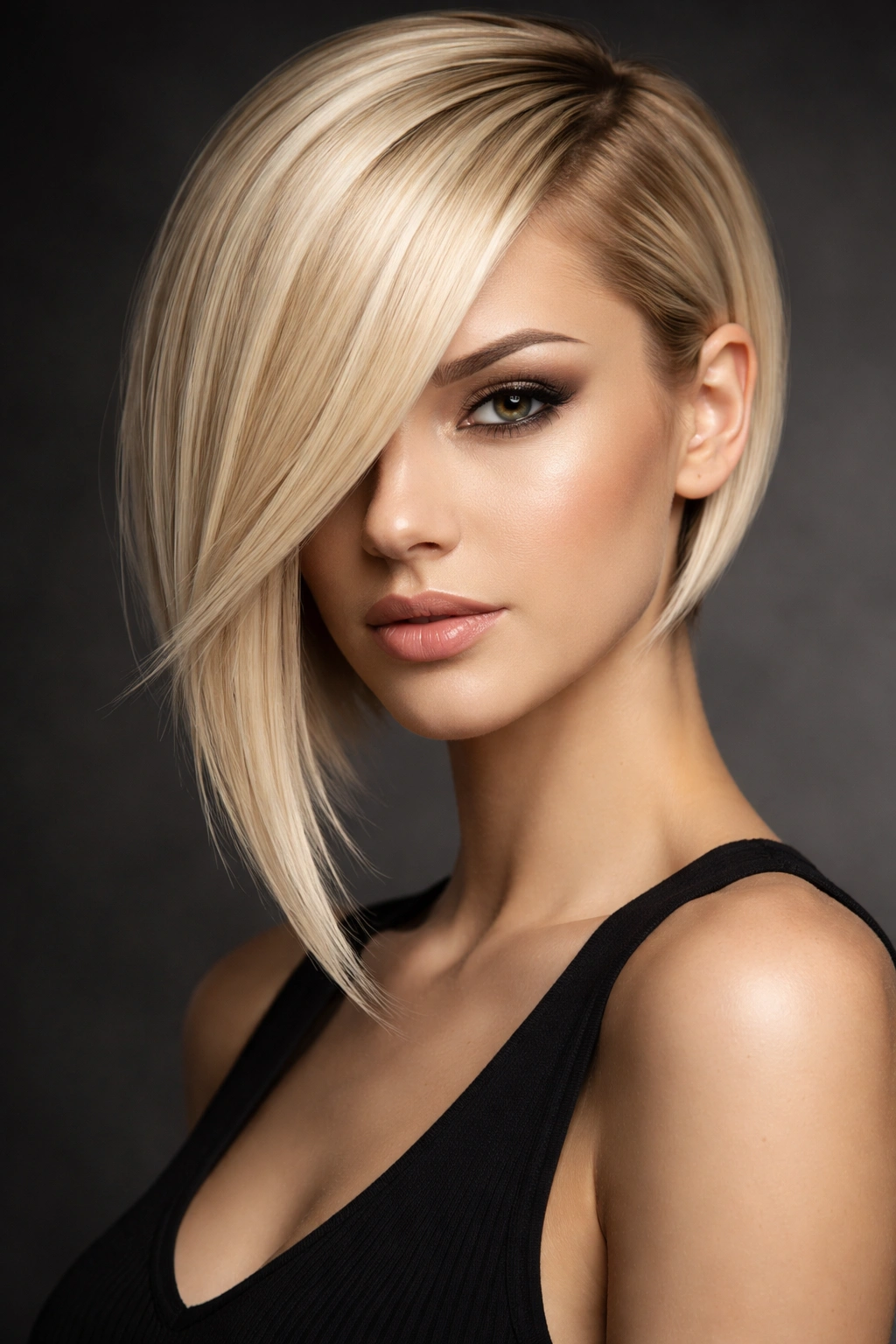 Blonde with sleek asymmetrical cut portrait
