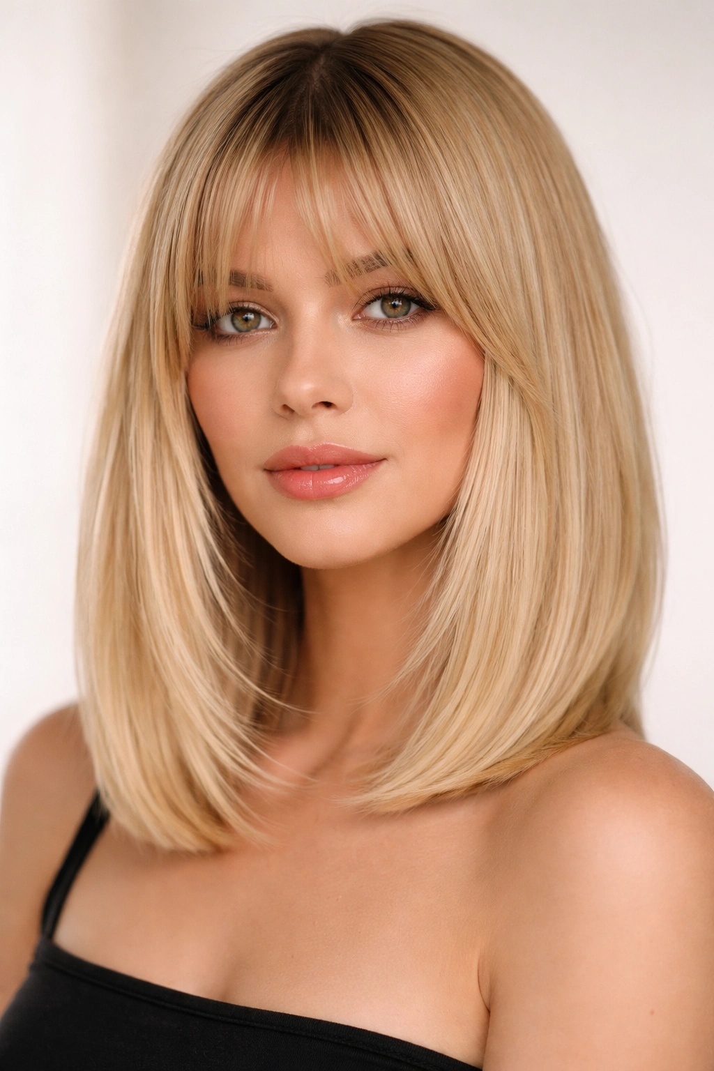 Blonde blunt lob with bangs close-up portrait
