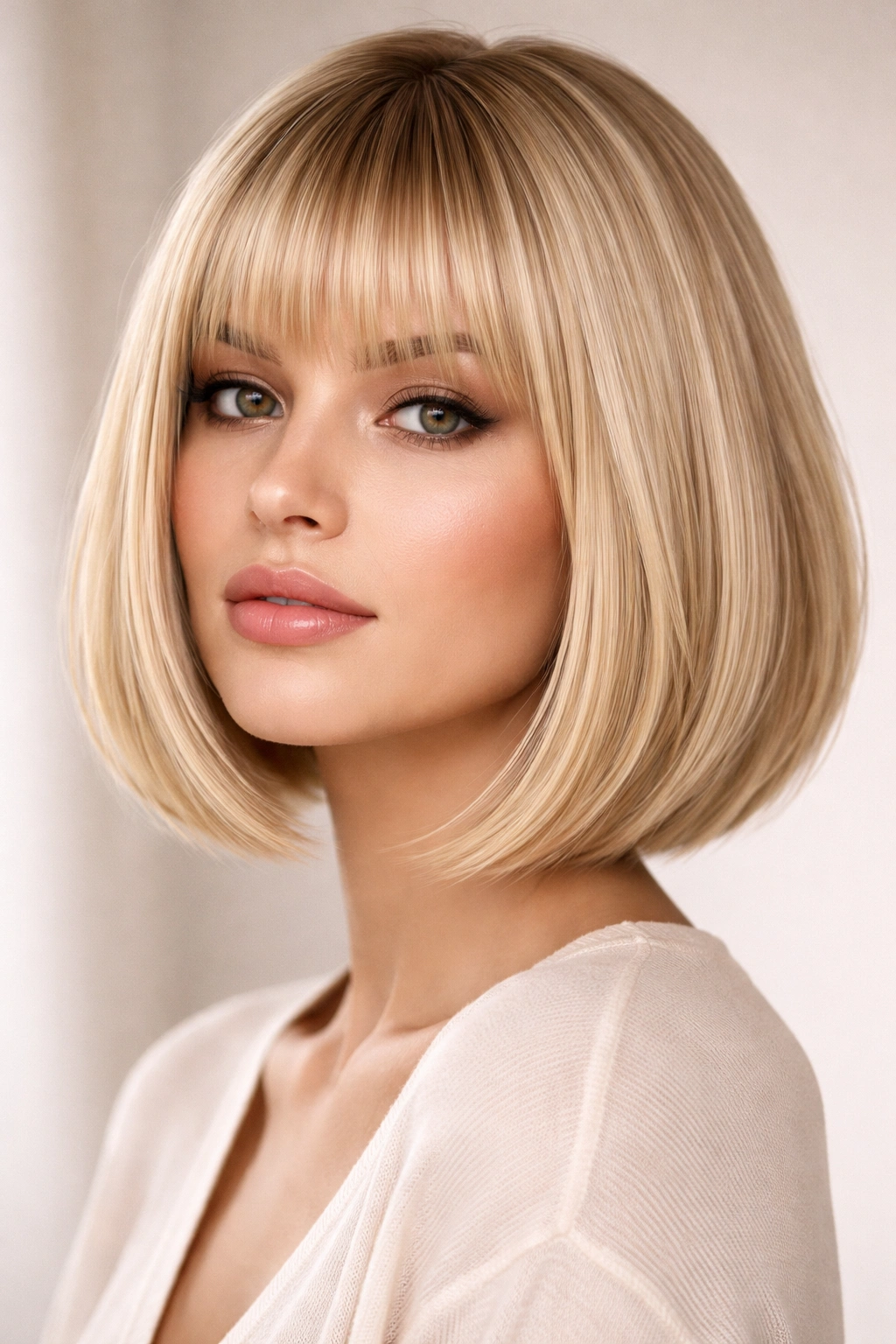 Close-up portrait of a blonde bob with bangs framing the face