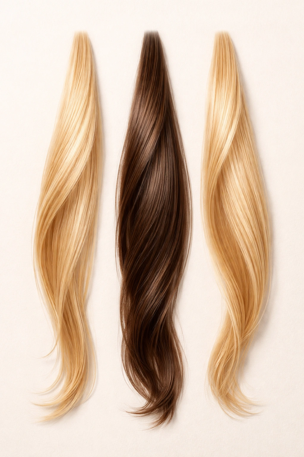 Three hair strands: two blonde and one brown on a plain background