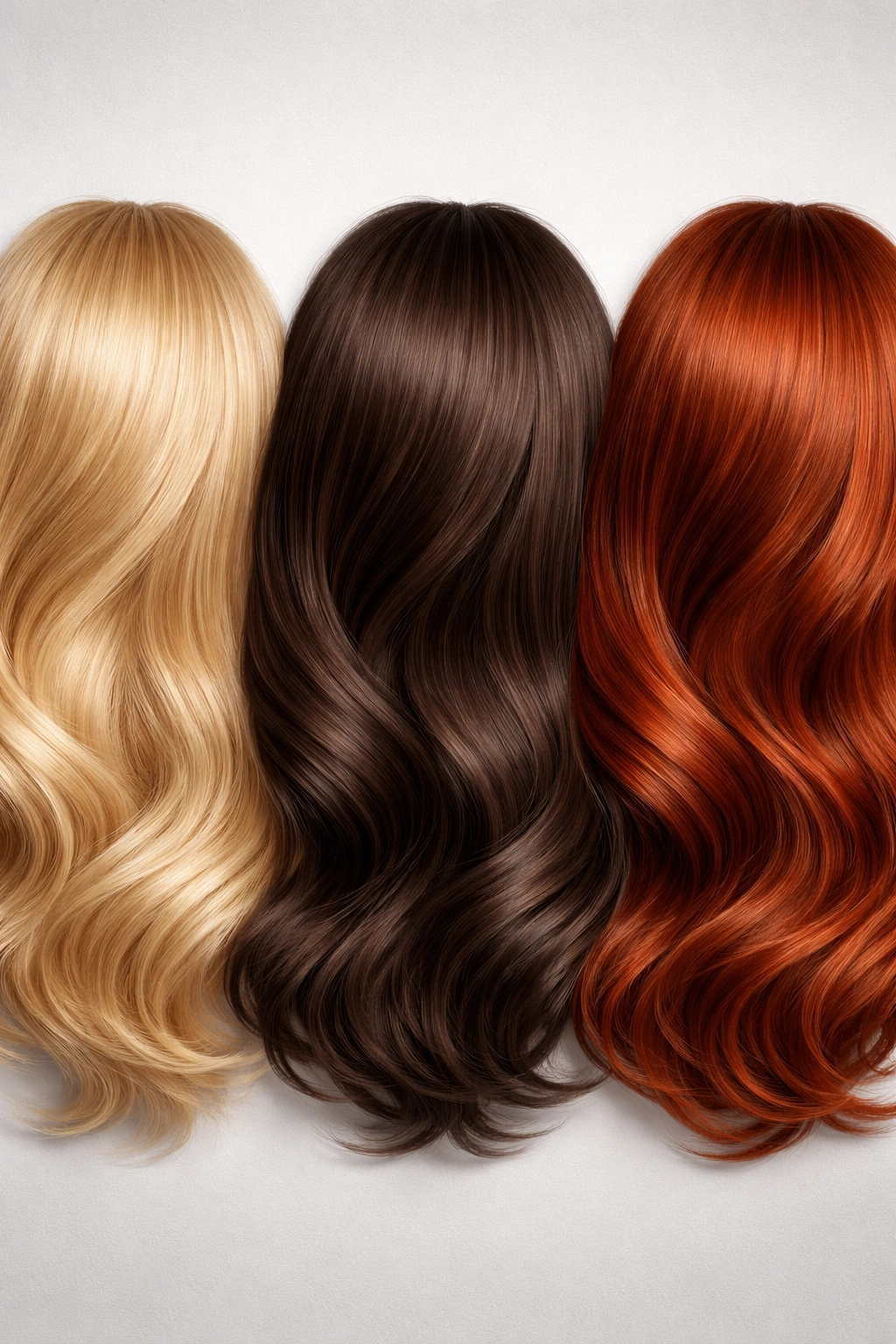Row of three hair color swatches: blonde, brunette, and redhead