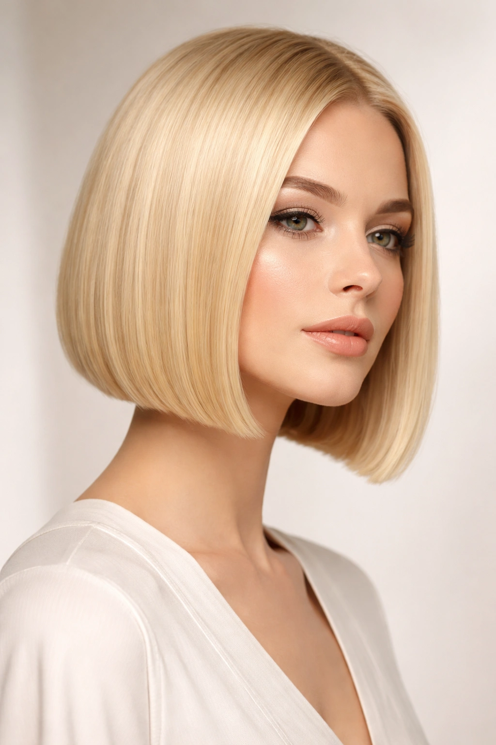 Blonde with clean chin-length blunt bob portrait