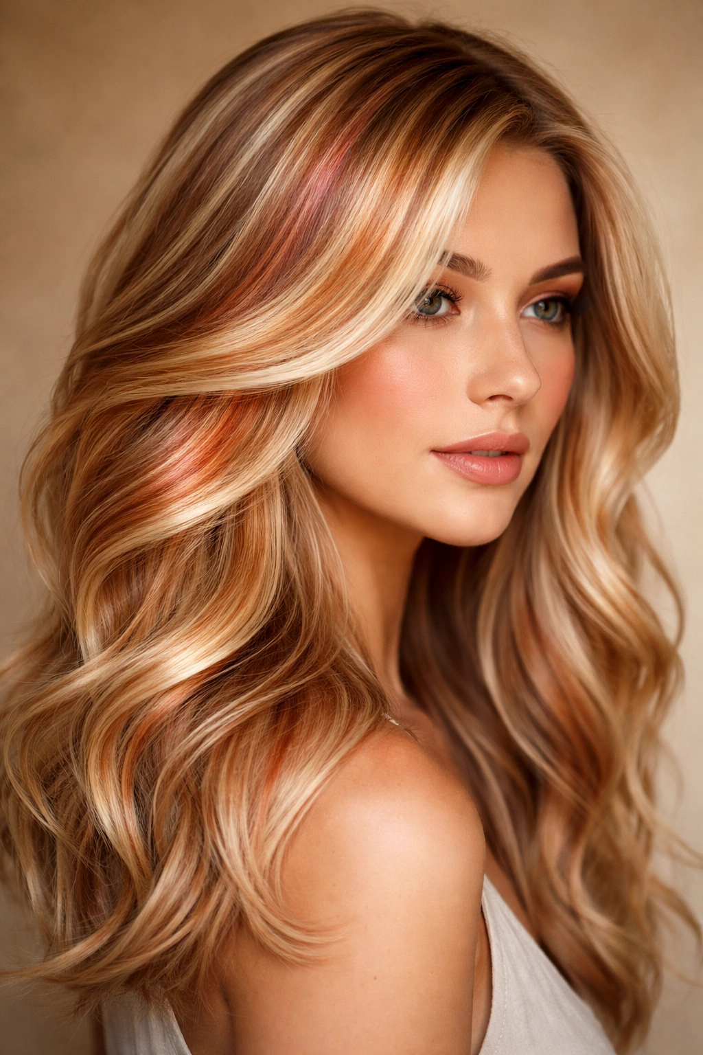 Blonde hair with copper and rose gold accents catching warm light