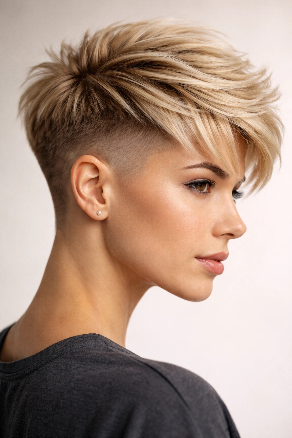 Side profile of a blonde model with a feathered undercut showing contrast between top and shaved sides