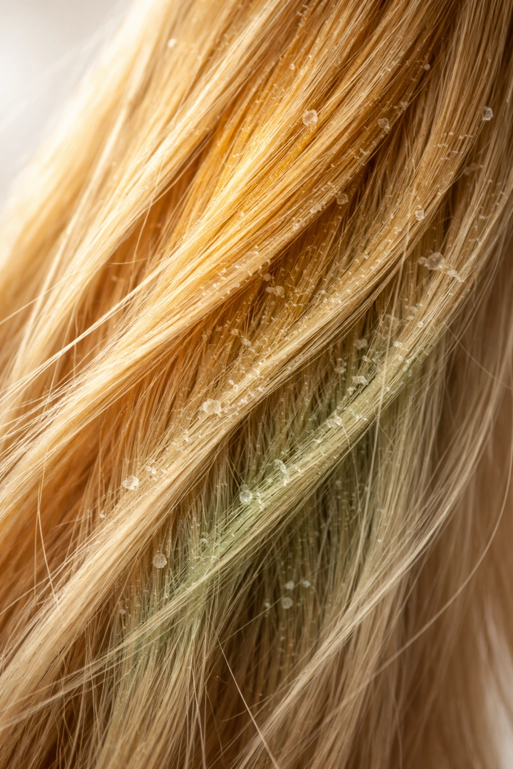 Blonde hair strand with brassiness green tint from minerals
