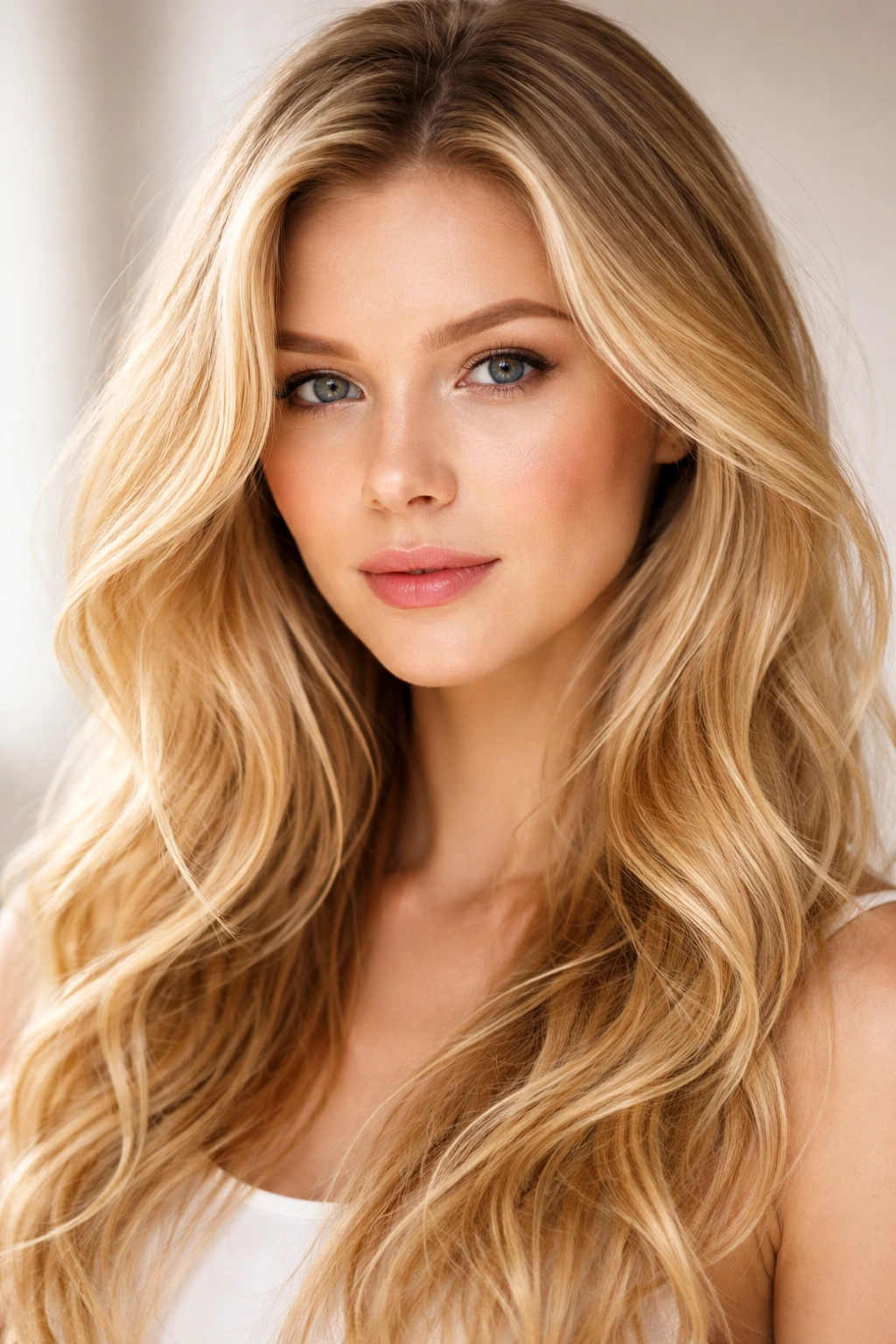 Close-up portrait of a blonde-haired person highlighting natural root contrast and sunlit highlights