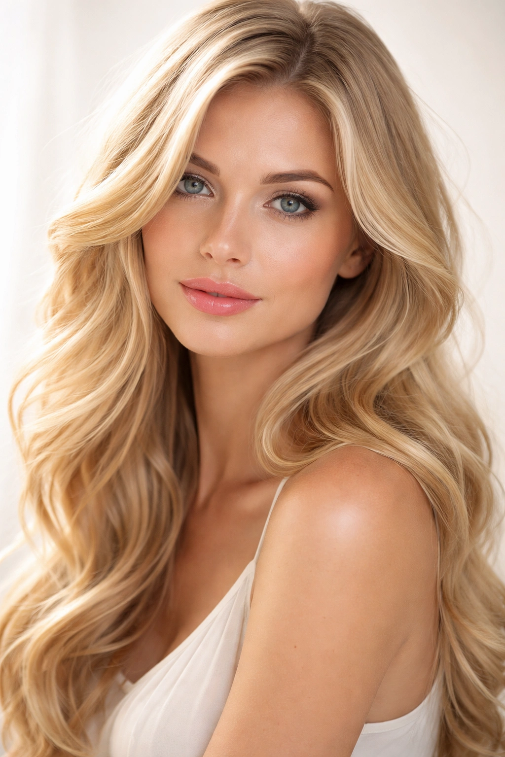 Close-up portrait featuring bright blonde hair with sun-kissed highlights