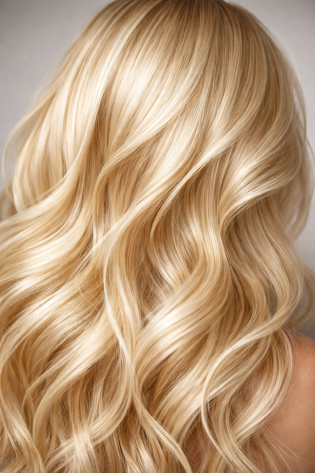 Close-up of golden blonde hair with soft light tones against a neutral background