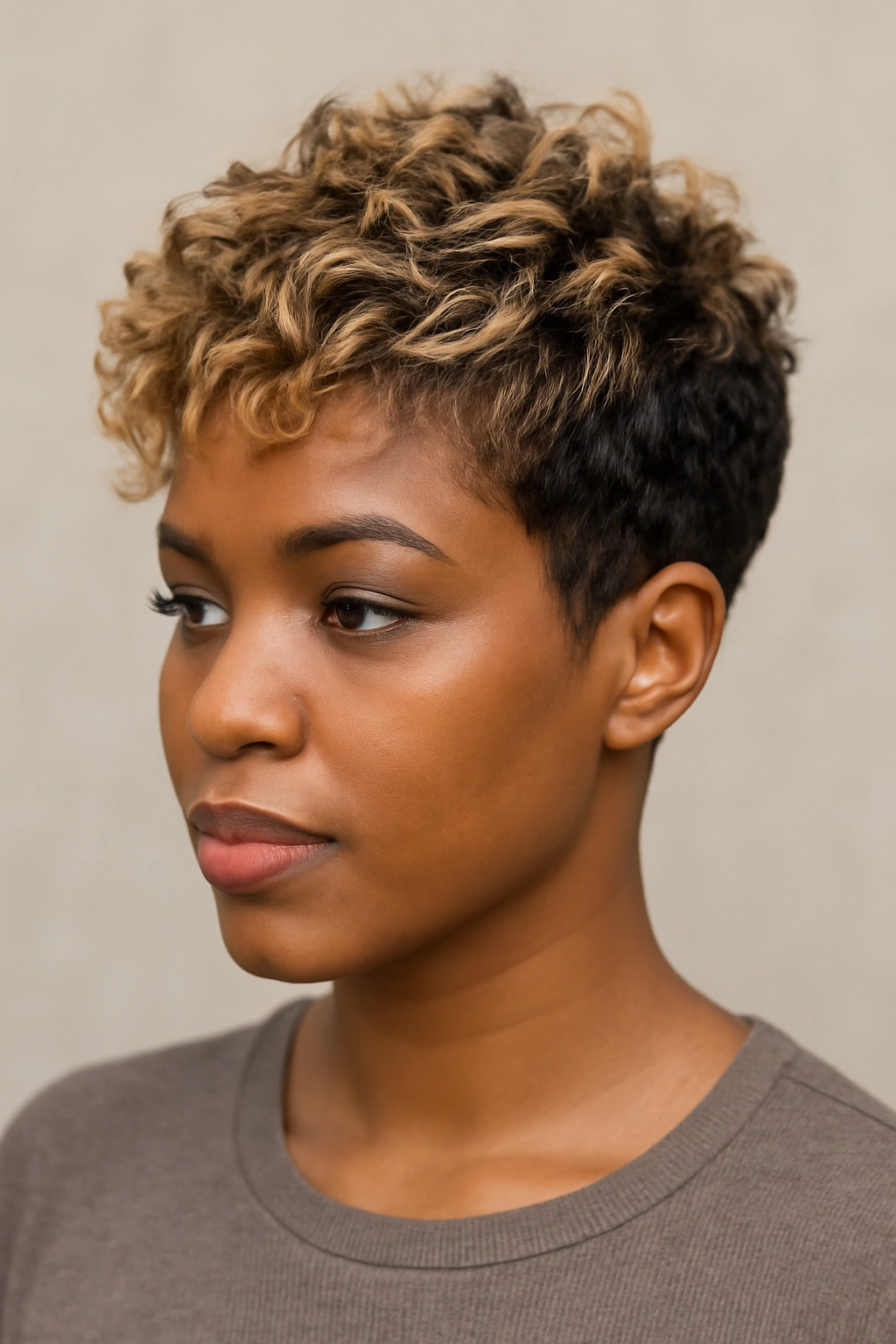 30 Short Haircuts for Black Women 8 Portrait of a Black woman with blonde highlights in a textured short cut