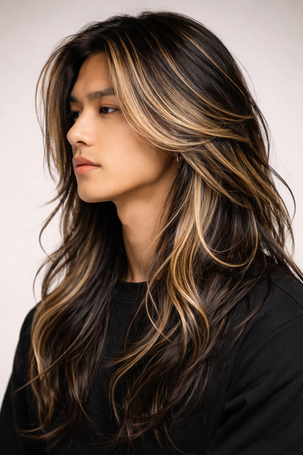 Close-up of long Asian hair with blonde highlights
