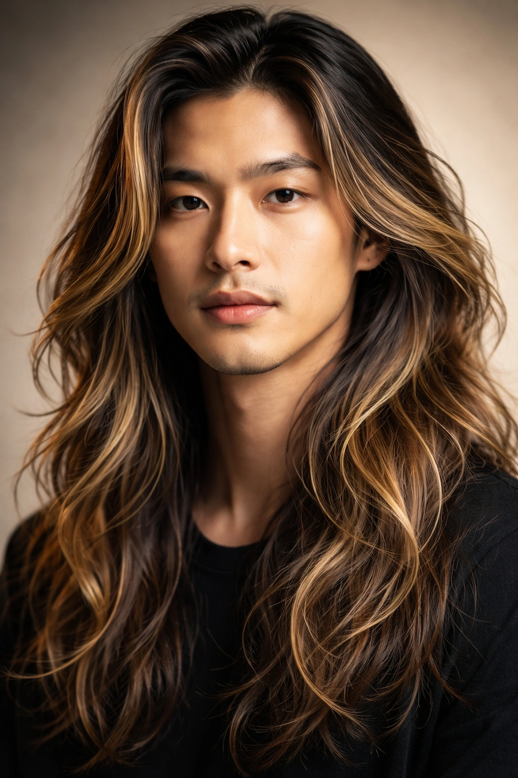 Asian man with long hair and blonde highlights