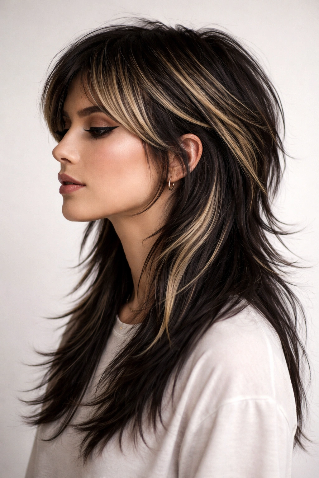 Close-up of a long mullet with dark base and blonde highlights emphasizing back layers