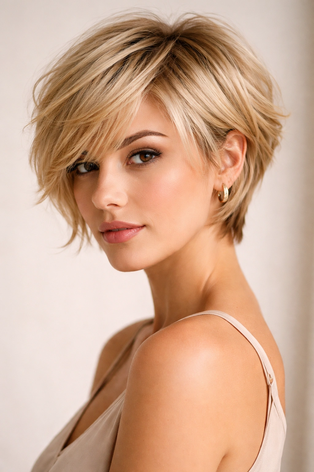Portrait of a blonde model displaying a layered crop with sculpted short layers