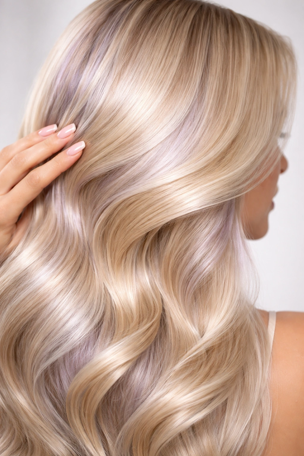 Close-up of silky blonde hair with a subtle lavender cast to suggest purple shampoo maintenance
