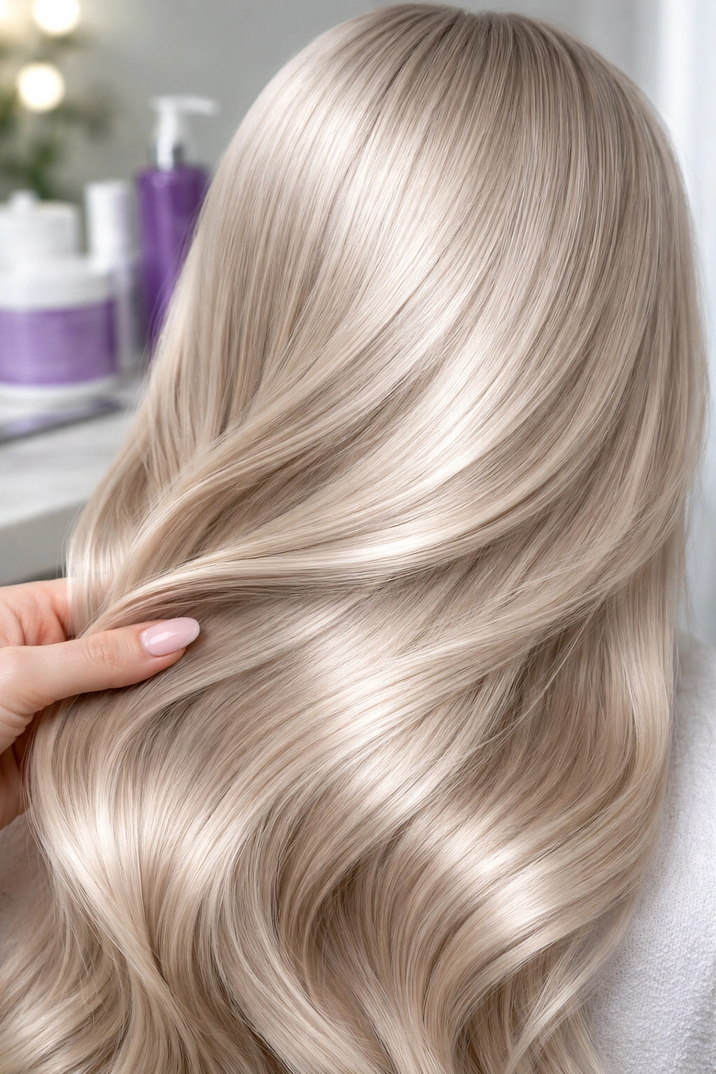 Sleek blonde hair with glossy finish showing maintenance