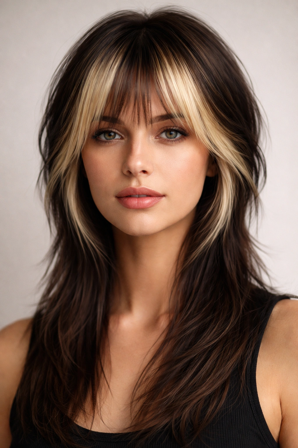 12 Straight Hair Mullet Cuts That Actually Work 7 Front-facing portrait of The Blonde Money Piece Mullet with face-framing blonde pieces on dark straight hair