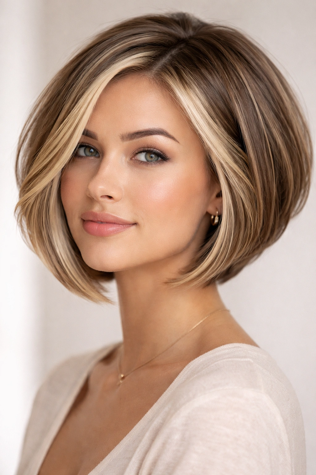 15 Stacked Bob Cuts For Thick And Fine Hair 12 Close-up of blonde stacked bob with lighter money pieces framing the face