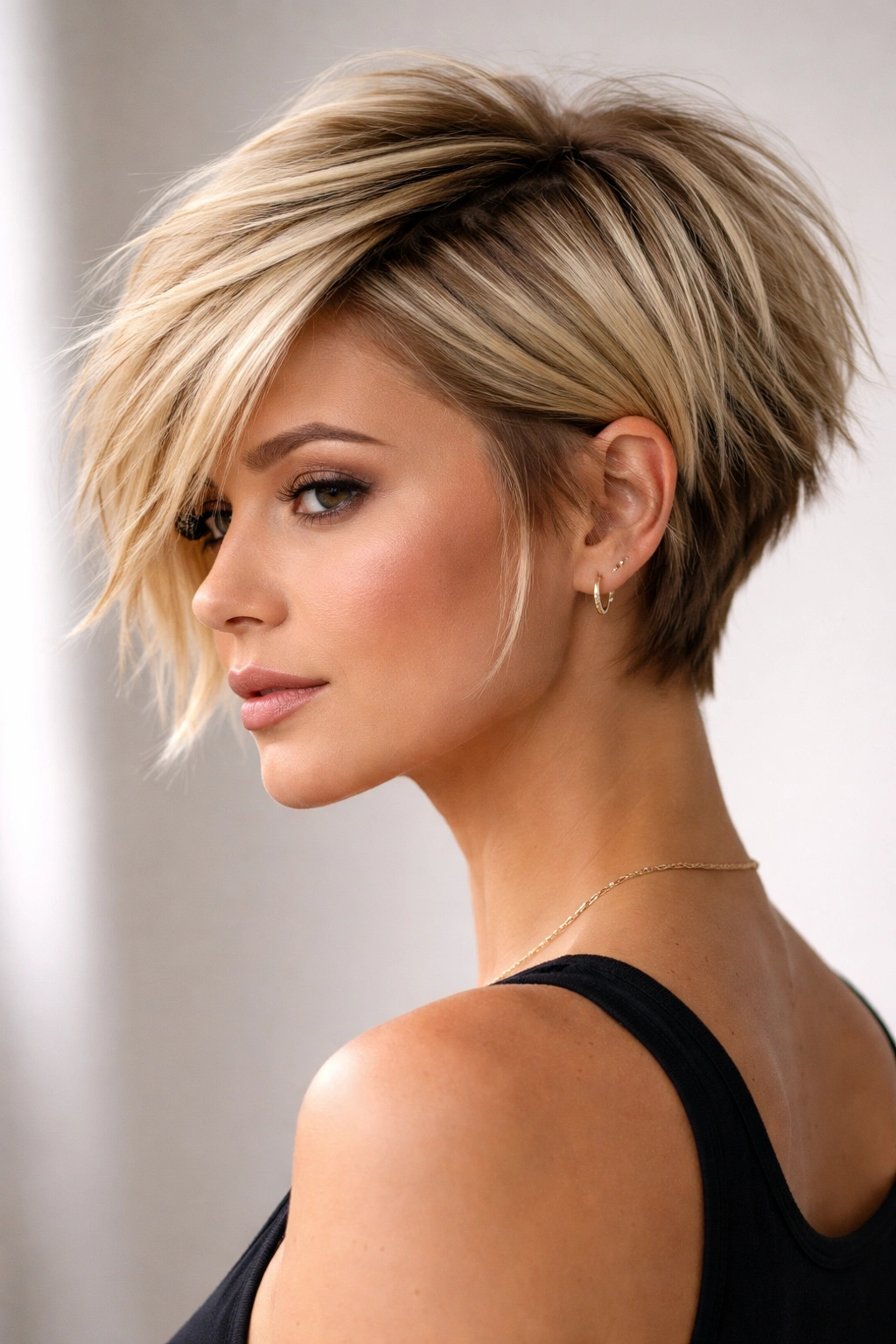 Profile view of a blonde model with a choppy pixie-bob hybrid showing asymmetrical length