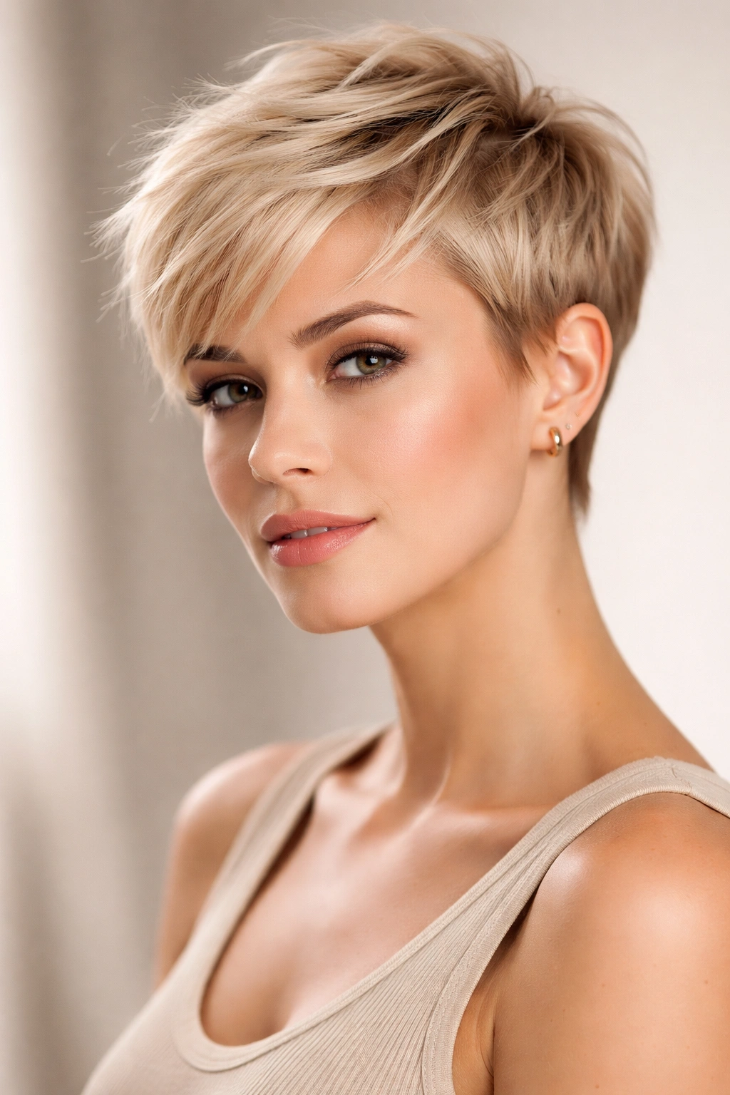 Close-up portrait of a blonde model with The Modern Pixie hairstyle showing textured top