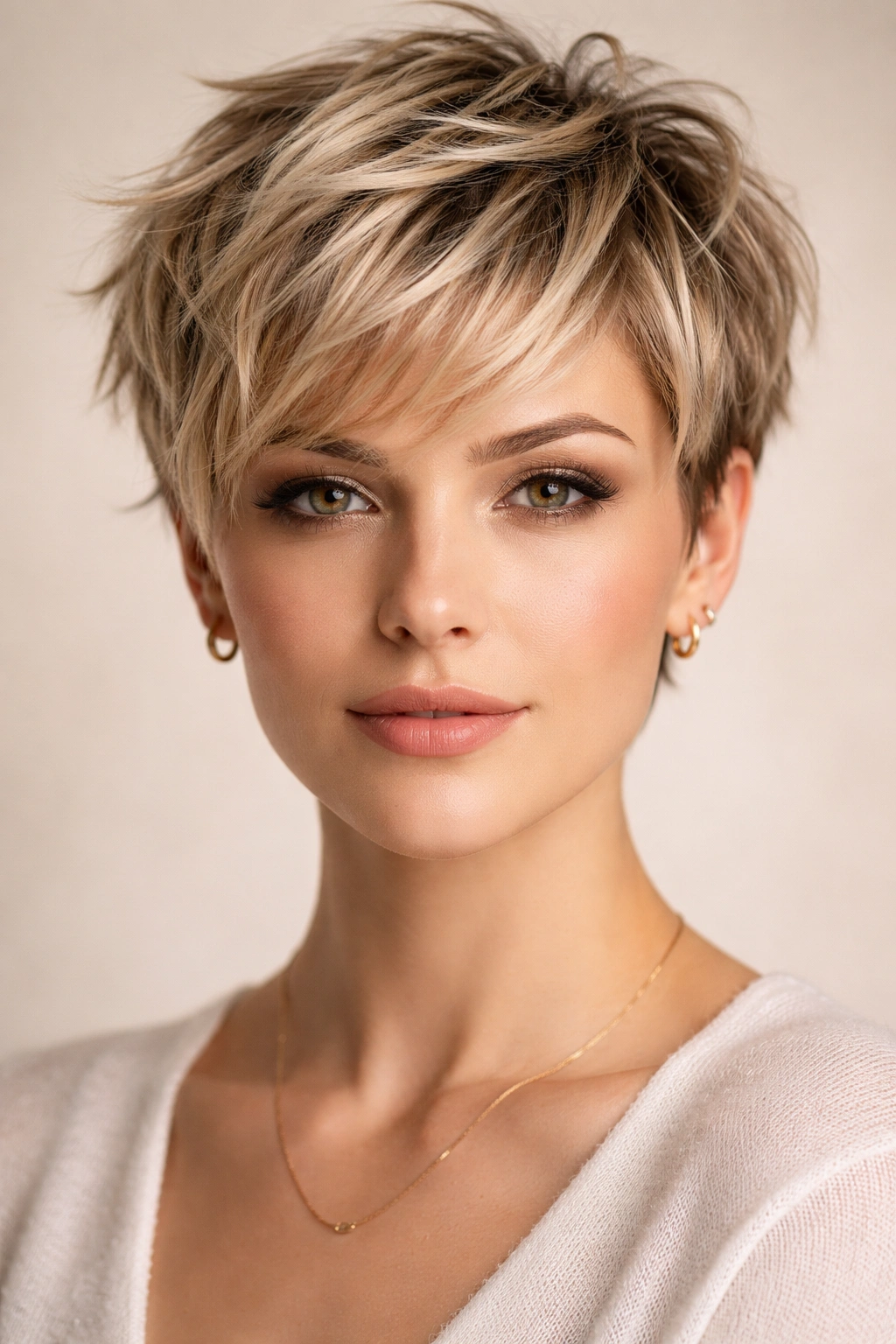 Blonde choppy pixie with highlights emphasizing texture in studio portrait