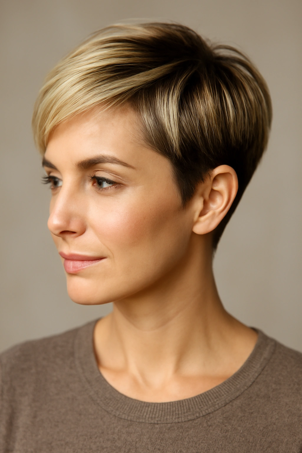 15 Short Pixie Cuts That Glow Up Your Look After 30 11 Close-up of a blonde pixie with darker roots and dimensional color