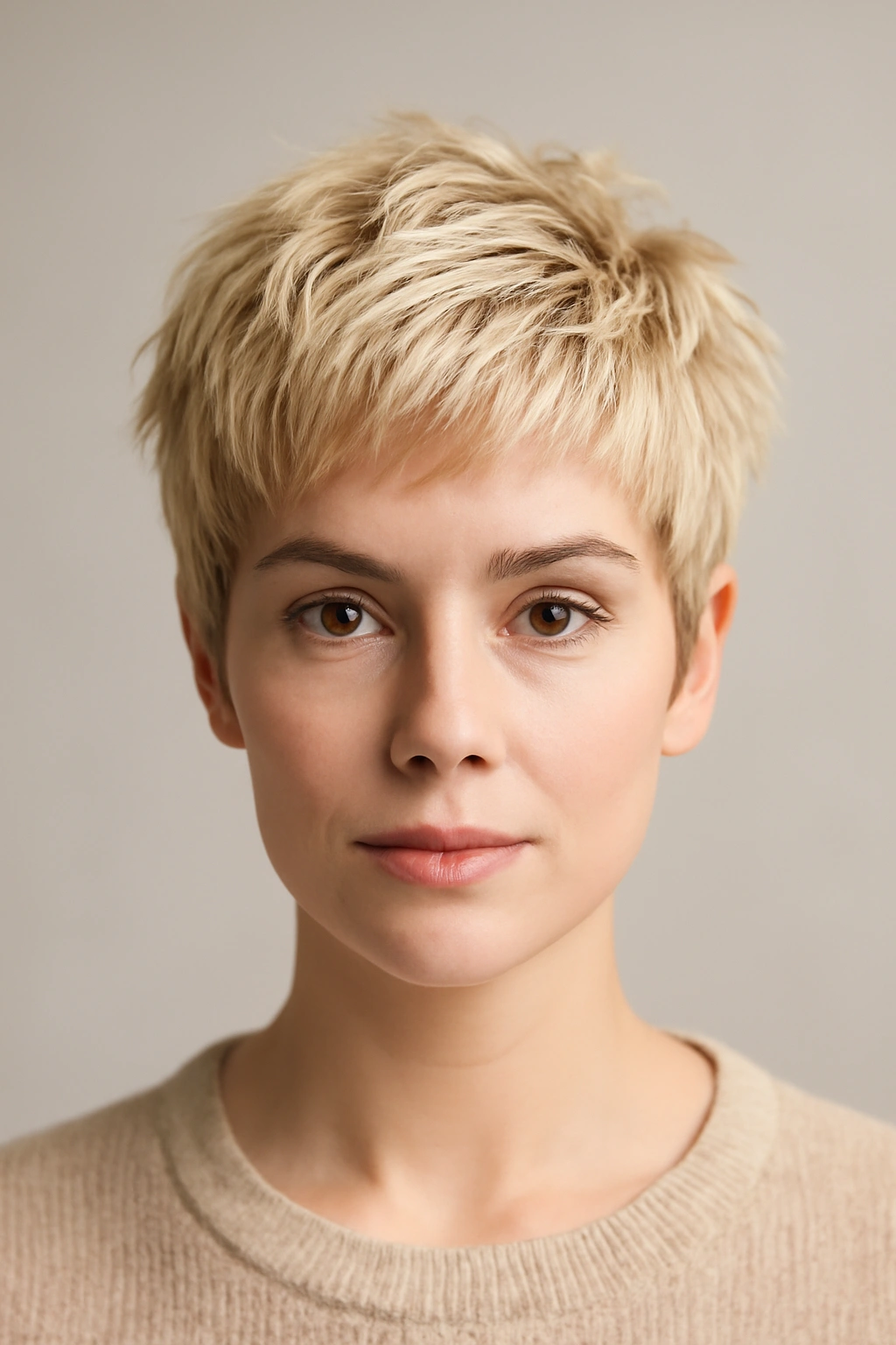 Close-up of a textured blonde pixie cut showing chopped layers and dimensional color
