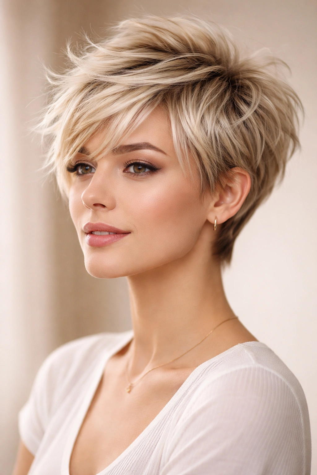 Tousled blonde pixie hairstyle with layered texture and light color.