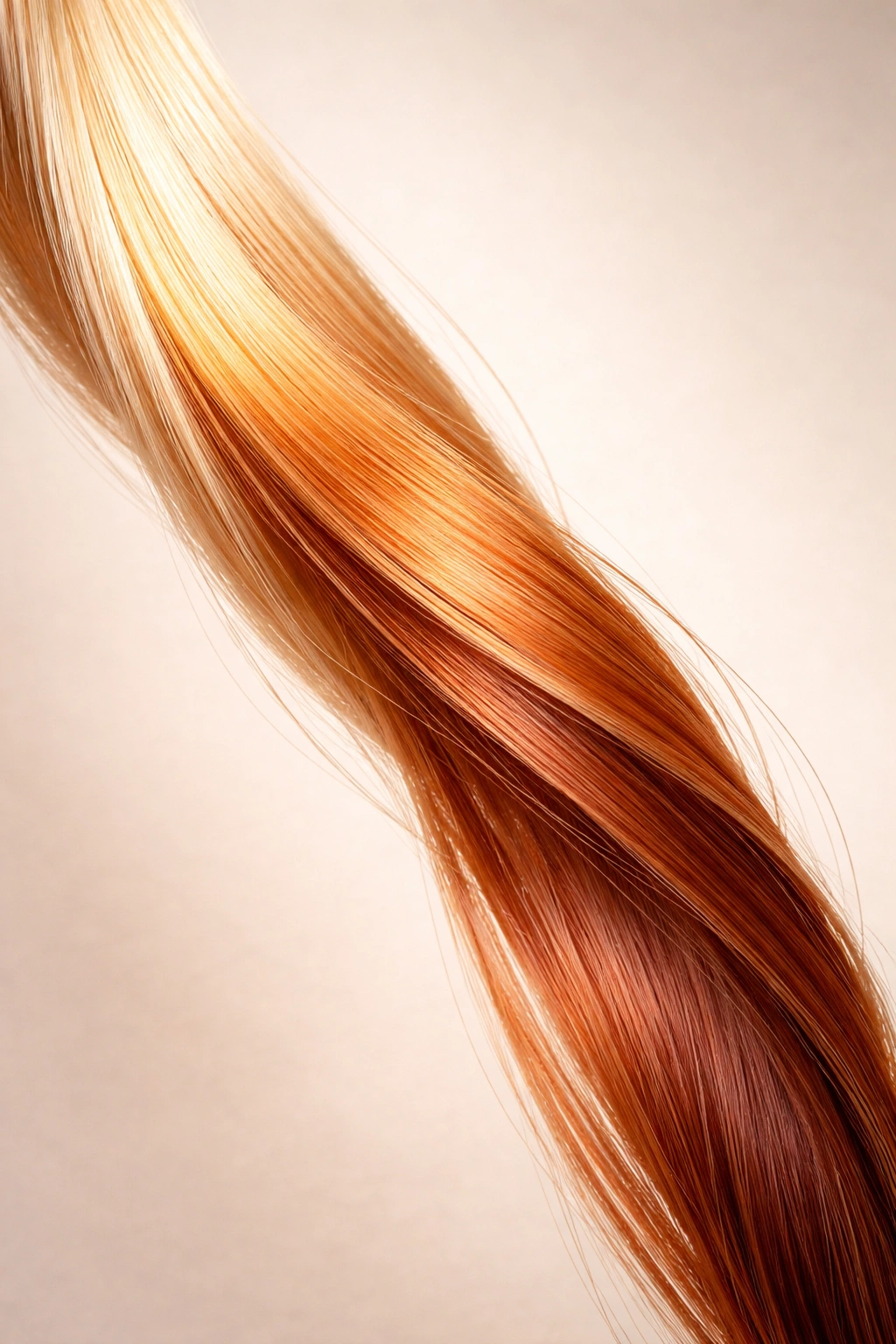 Hair strand with gradient from platinum blonde to copper red