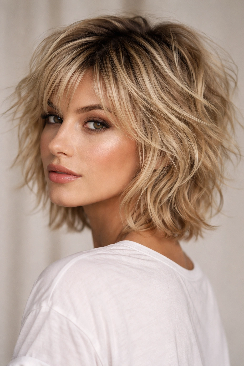 Portrait of a blonde shag with tousled texture and dimensional color