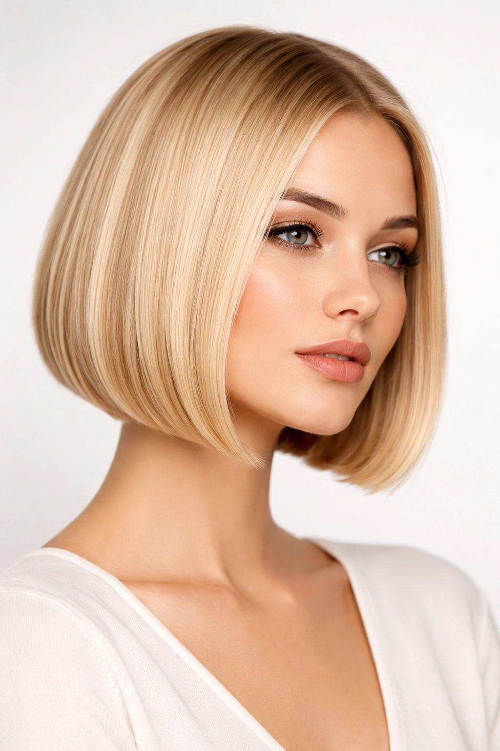 Close-up portrait of a blonde model with a sleek chin-length bob and blunt ends
