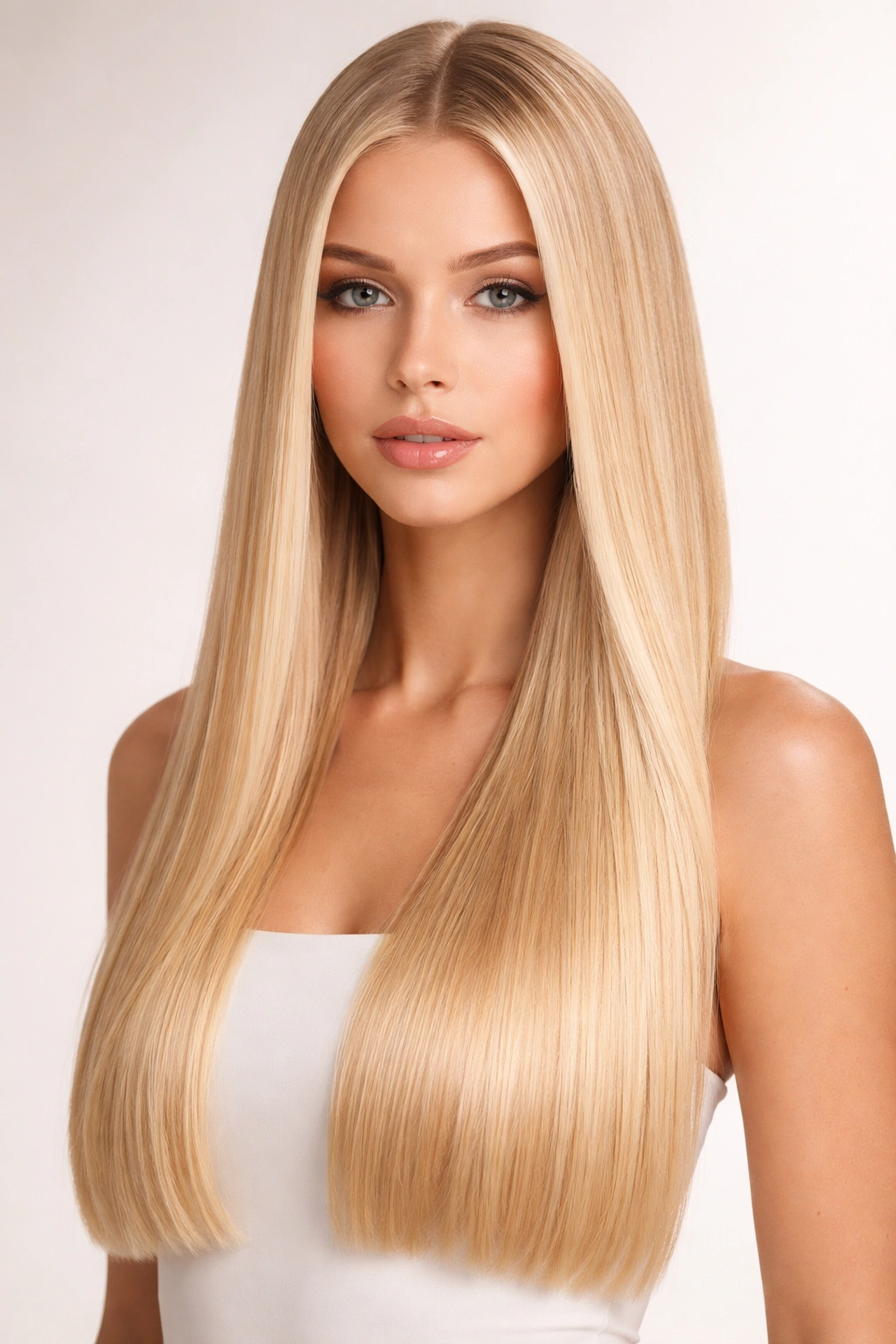 Sleek straight blonde hair with glossy finish and blunt ends