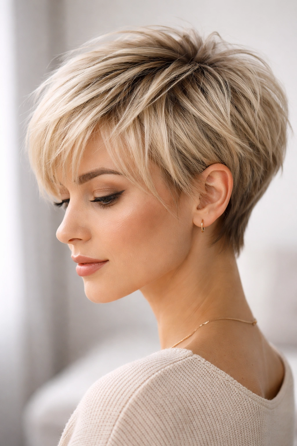 Blonde textured crop with heavy layering close-up