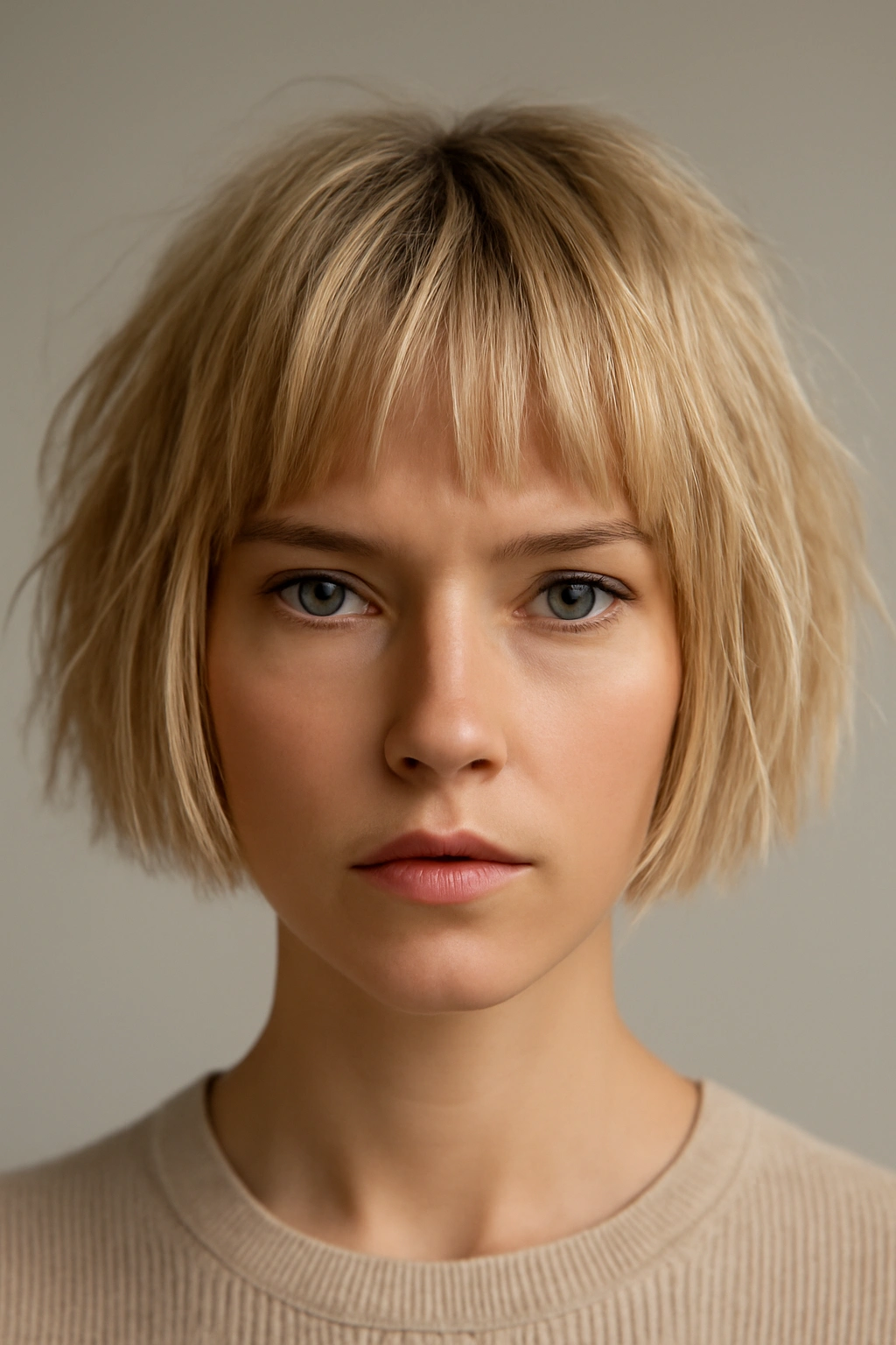 10 Short Straight Blonde Haircuts That Look Amazing 8 Close-up of a short blonde blunt textured crop with chunky top texture