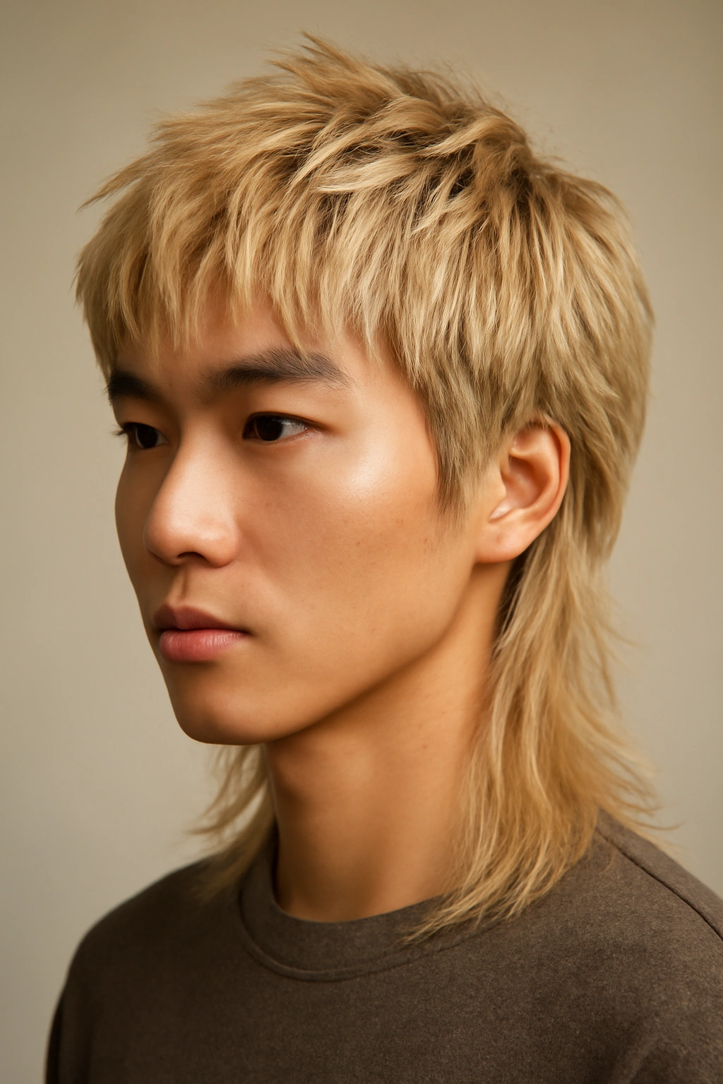 12 Asian Mullet Haircuts That Are Trending Right Now 7 Close-up portrait of a person with blonde textured mullet showing layered hair and dimensional color
