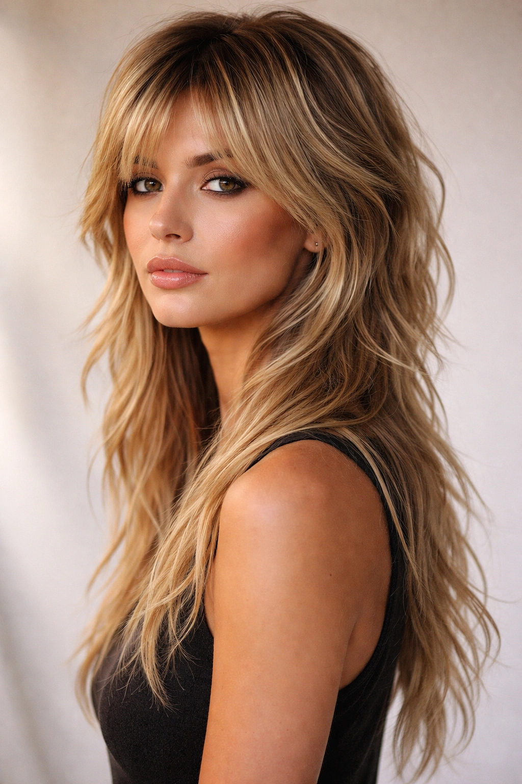Portrait of Textured Blonde Long Mullet with dimensional blonde tones and cascading back