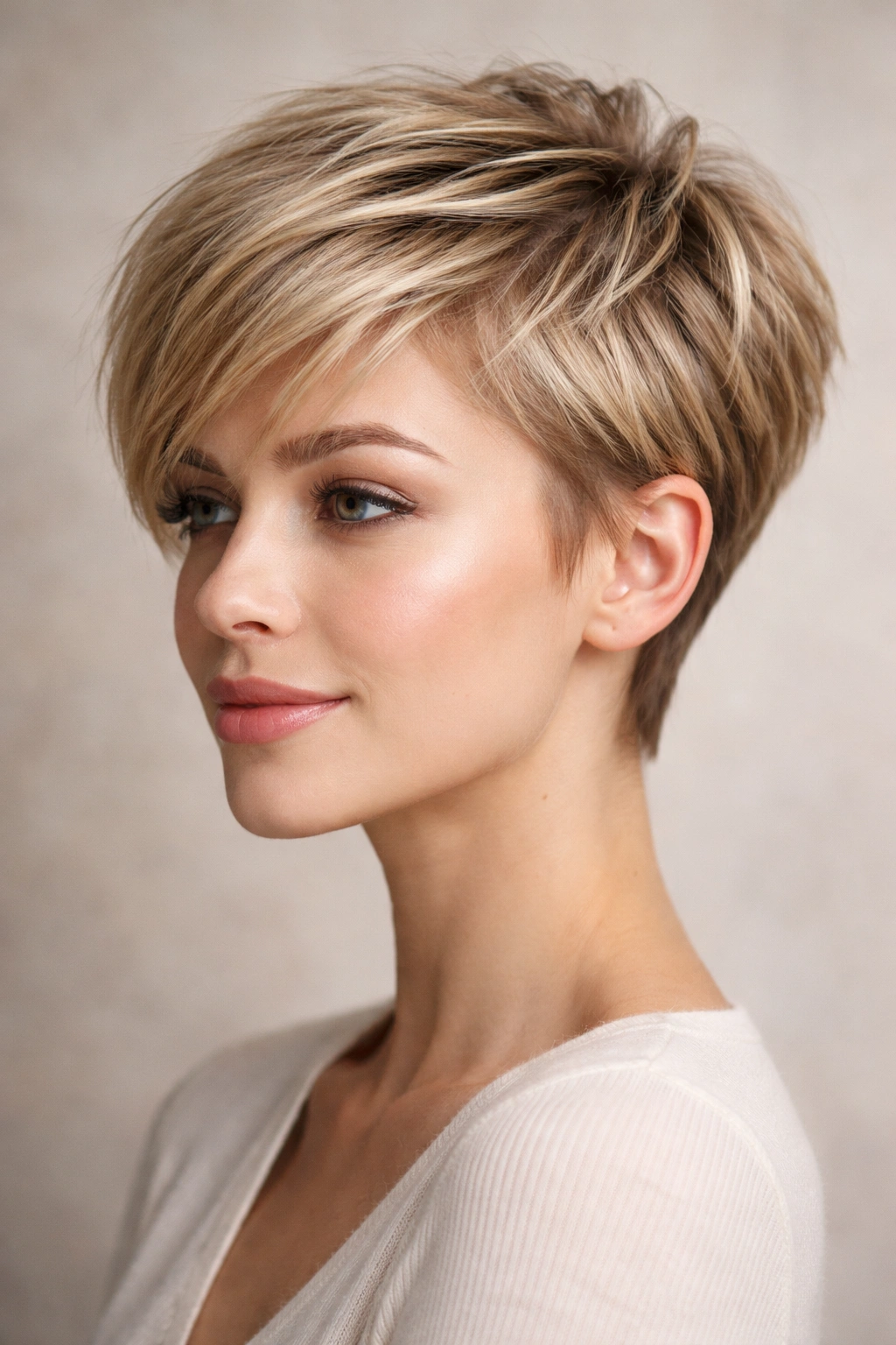 Close-up of blonde textured pixie with layered crown and sides
