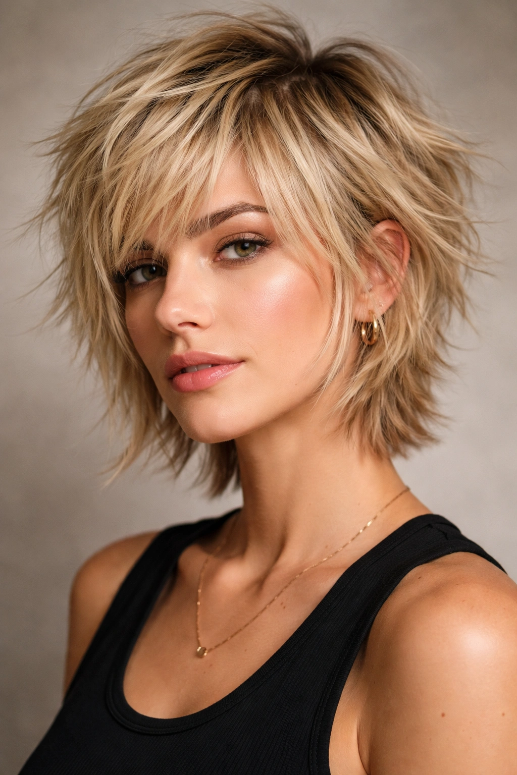 Close-up portrait of a blonde model with a textured shag showing layered, tousled hair