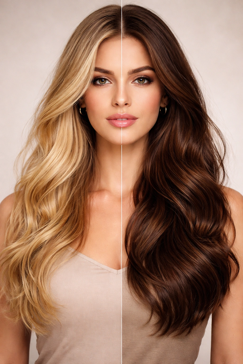Portrait showing blonde-to-brunette transition illustrating the filling step
