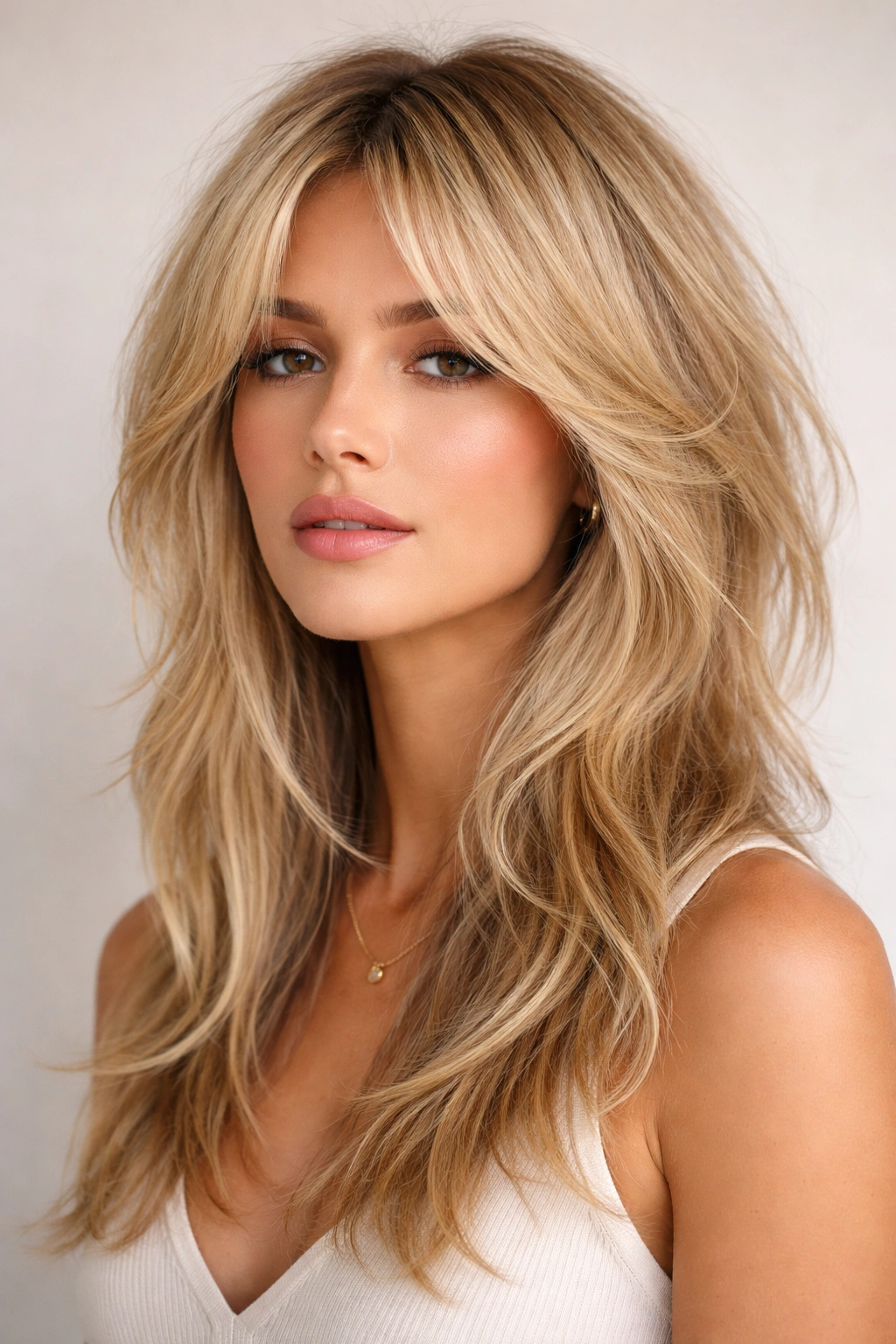 Head-and-shoulders shot of a blonde wolf cut with curtain layers framing the face