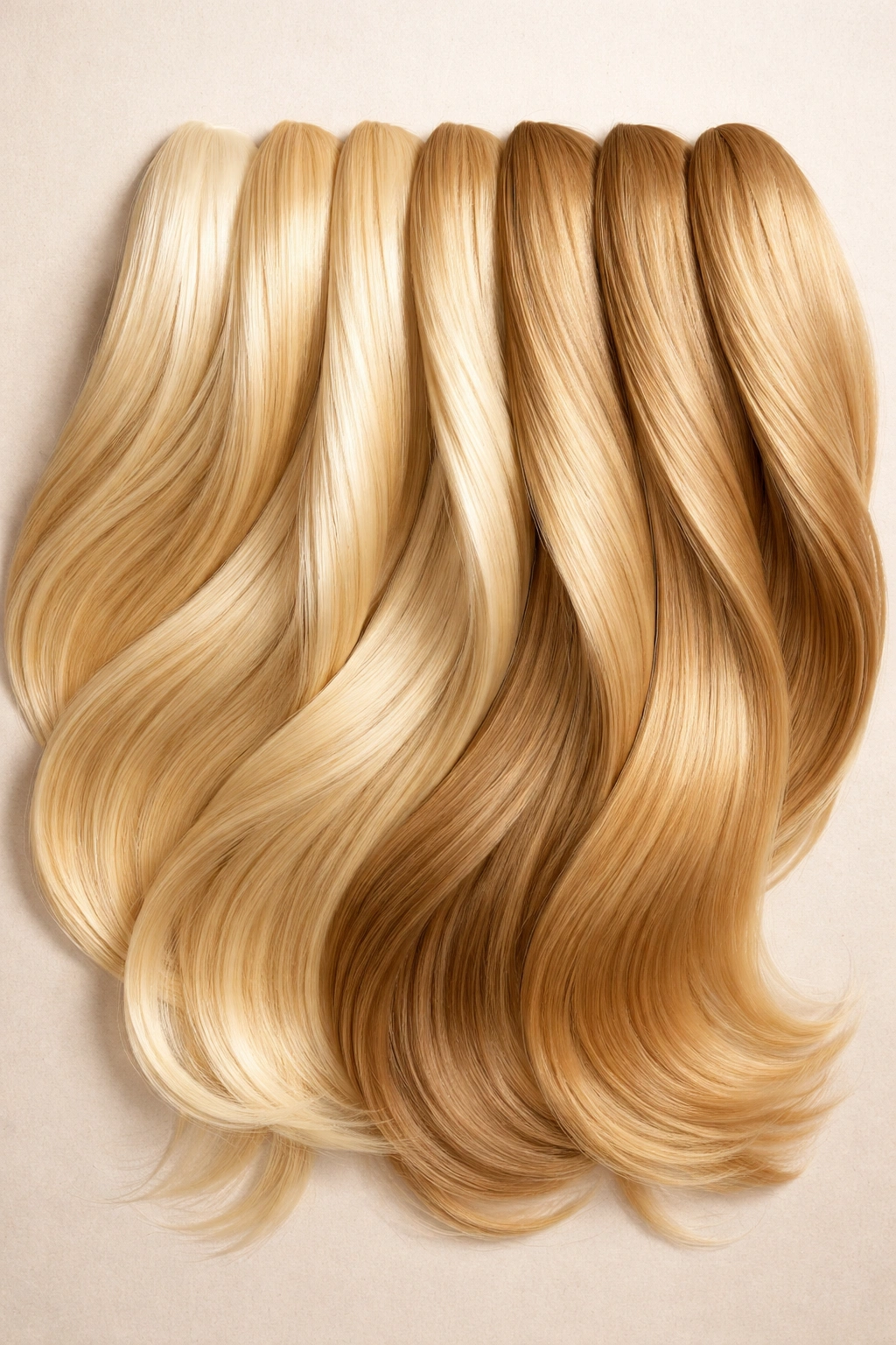 Array of natural blonde hair swatches from platinum to golden on a neutral backdrop