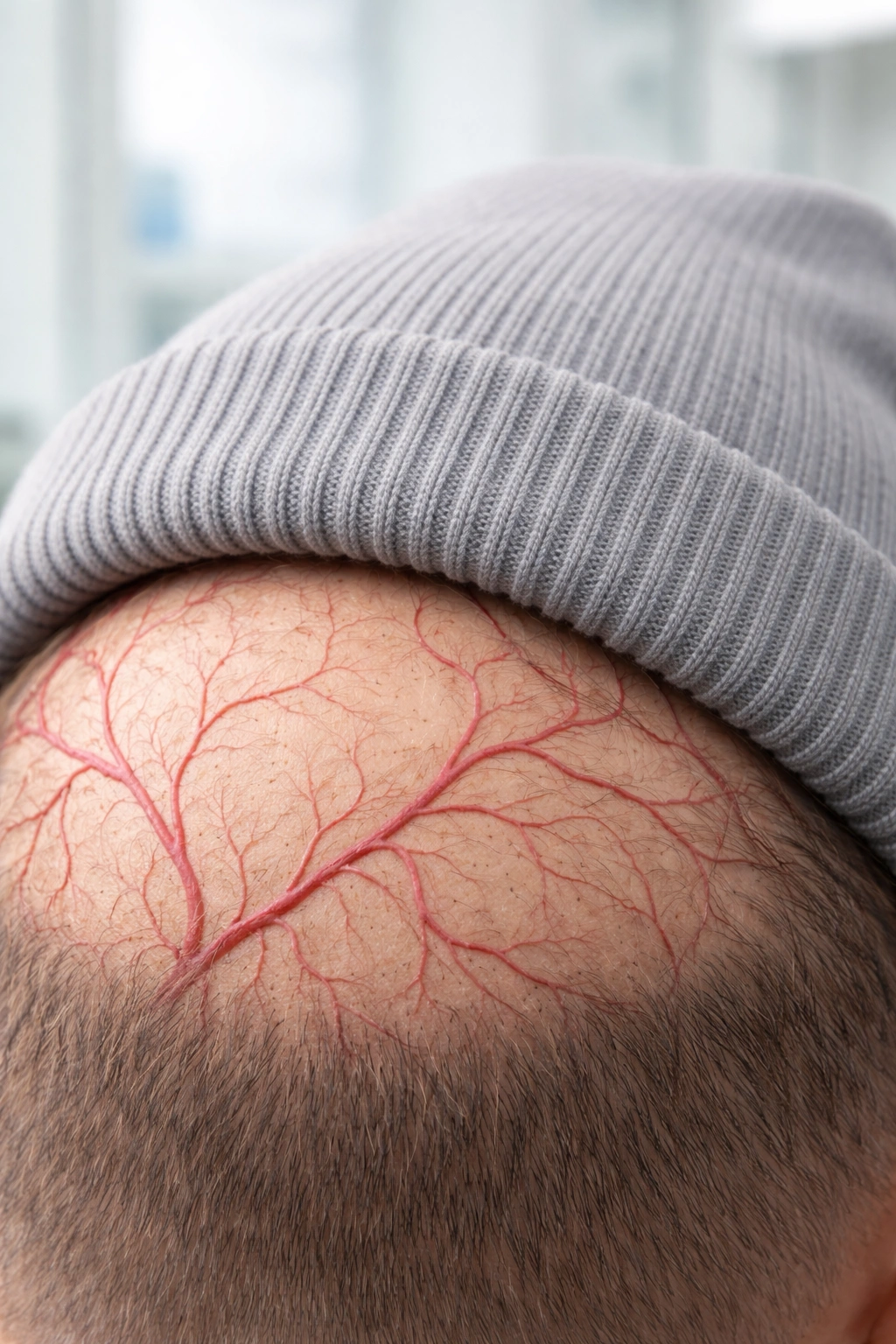 Beanie resting on scalp shows intact blood vessels, debunking blood flow myth of hat-wearing.