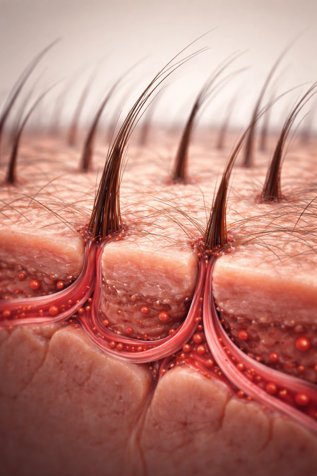 Macro view of thinning scalp hair showing reduced follicle density