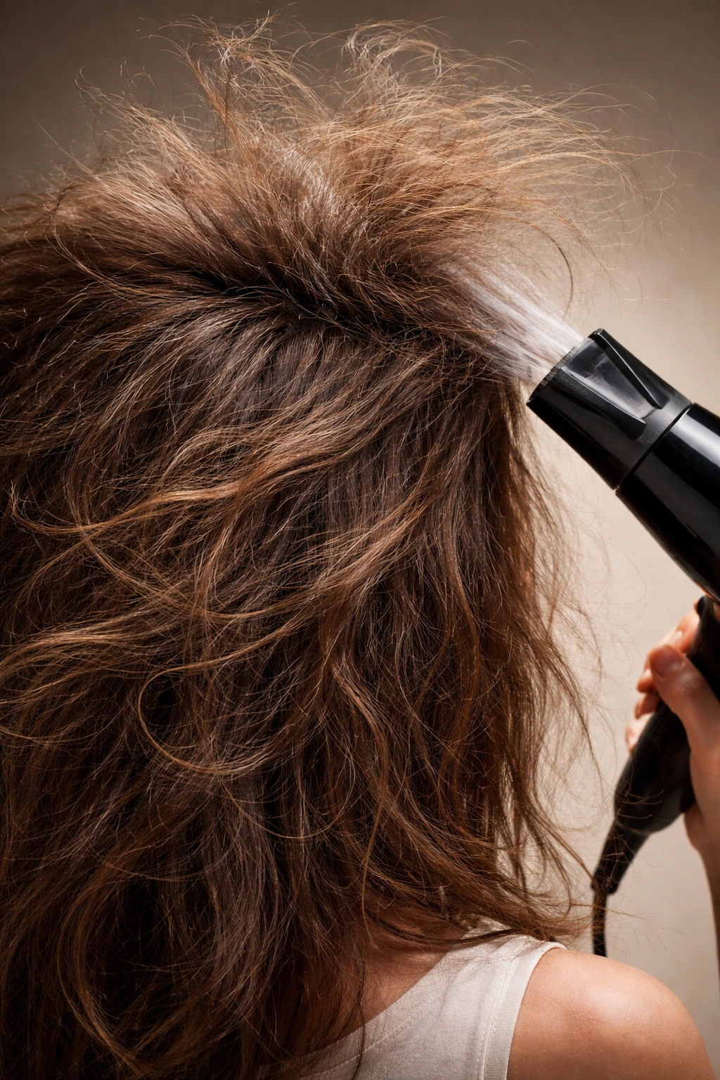 Close-up of frizzy hair showing rough texture from wrong blow-drying direction