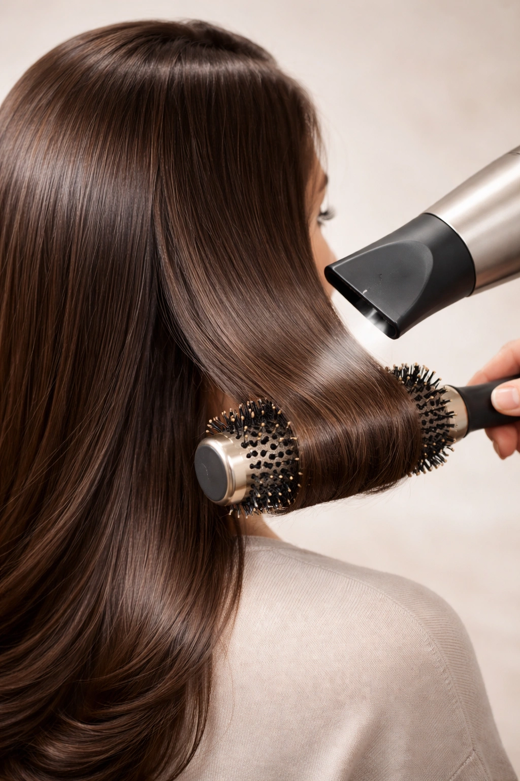 Hair being blow-dried with a round brush to create a smooth straight look.