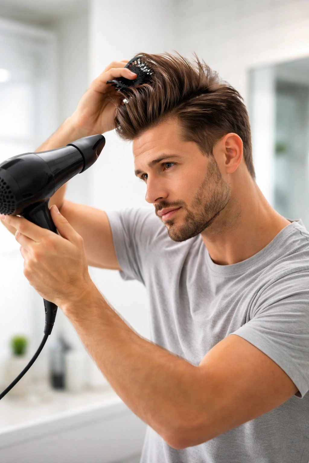 Person blow-drying hair to create lift and fullness at the roots
