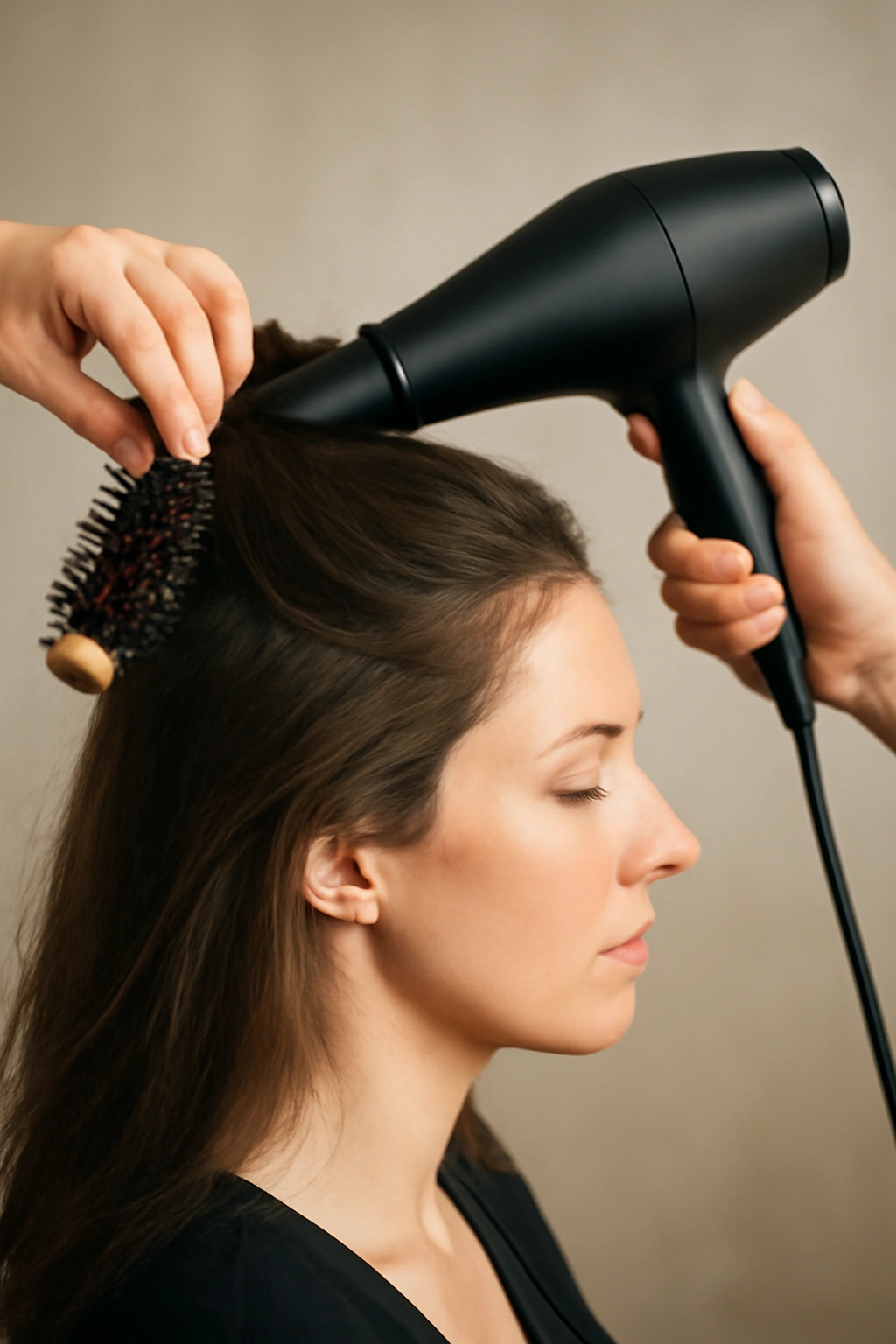 How to Create the Perfect Low Bun for Your Wedding 5 Bridal hair being blow-dried for volume with a round brush.