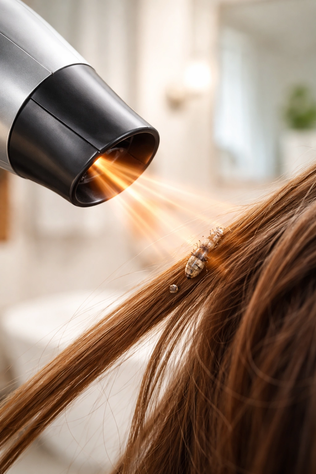 Close-up of a handheld hair dryer directing warm air at a hair strand