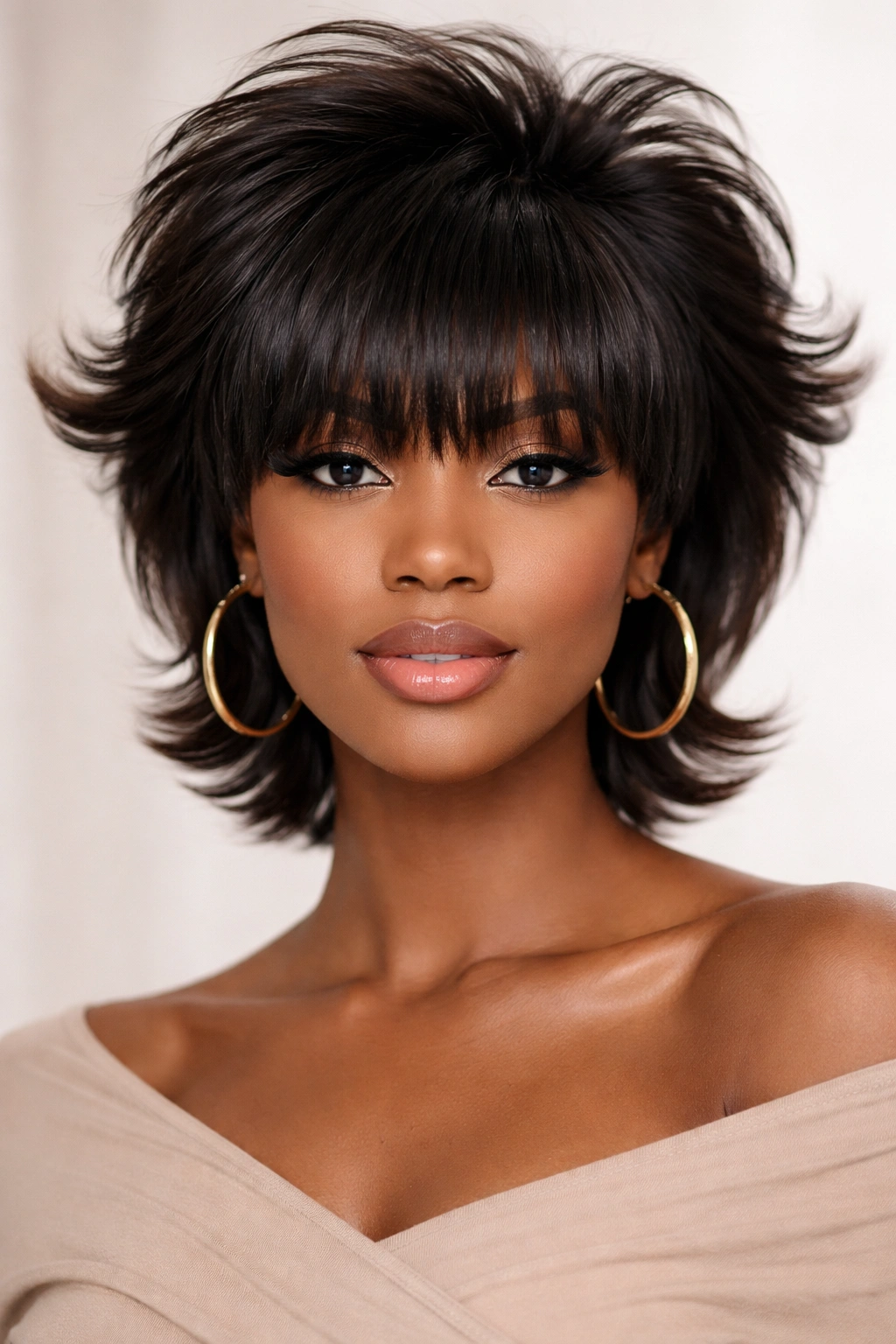Front view of a Black woman with a blown-out fringe and voluminous flipped crown