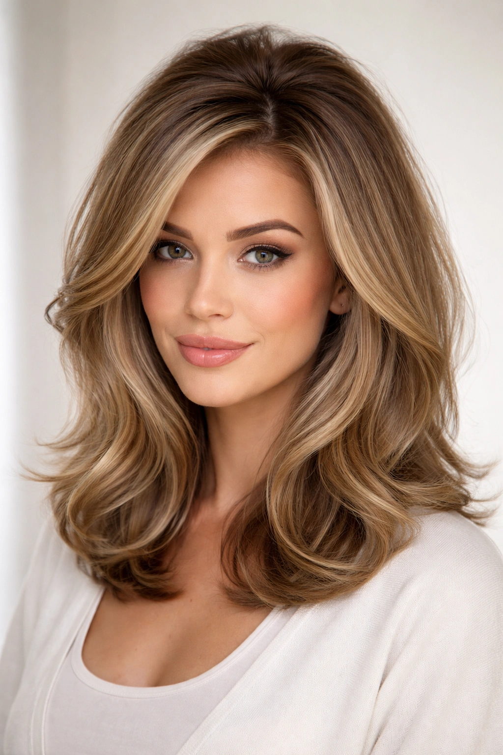 Shoulder-length hair with crown volume and blowout on model