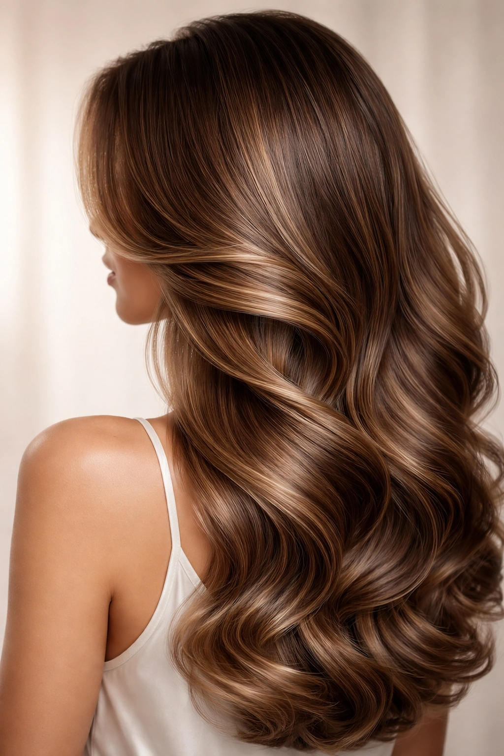 Close-up of glossy voluminous blowout hair with defined waves in studio lighting